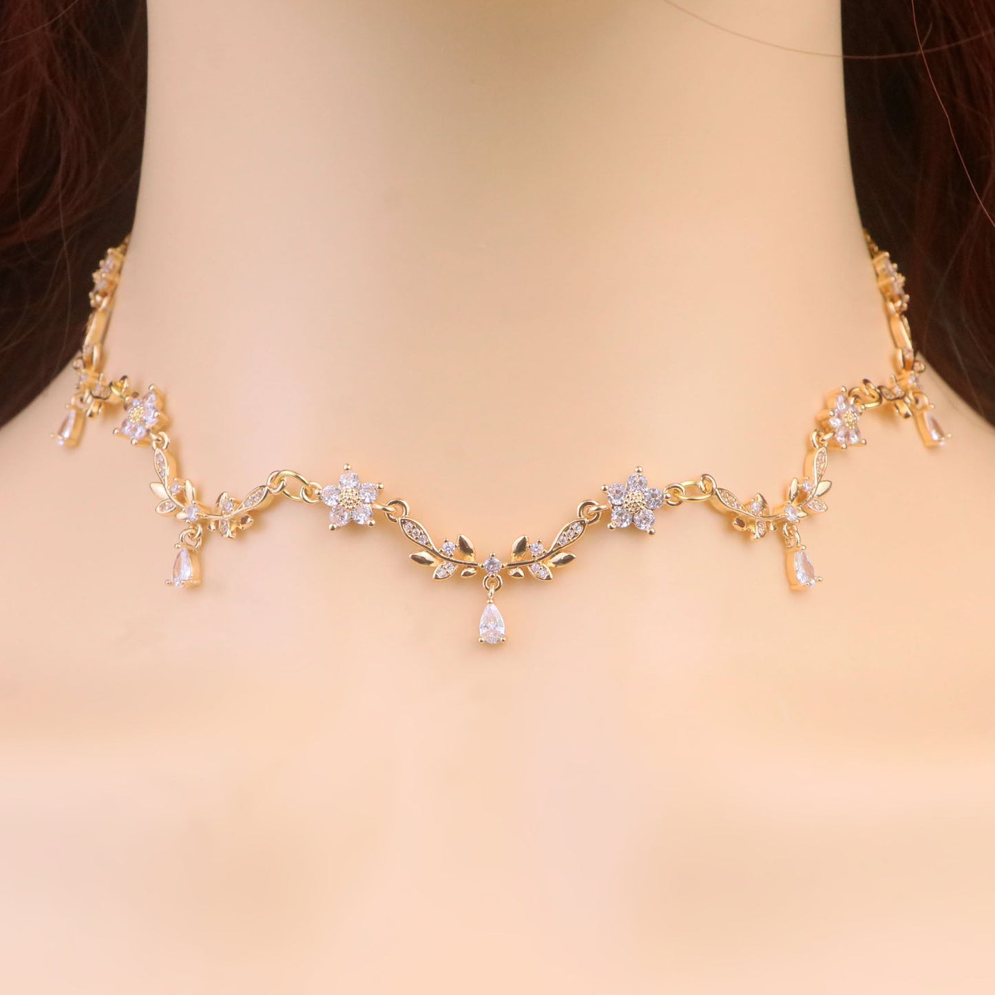 Silver Gold Olive Leaf Vine Necklace,White Diamond Leaf Flower Fairy Choker Necklace,Flower Teardrop Necklace,Regency fairycore Necklace,Leaf bridal Necklace,Stainless Steel Chain,Gifts For Her