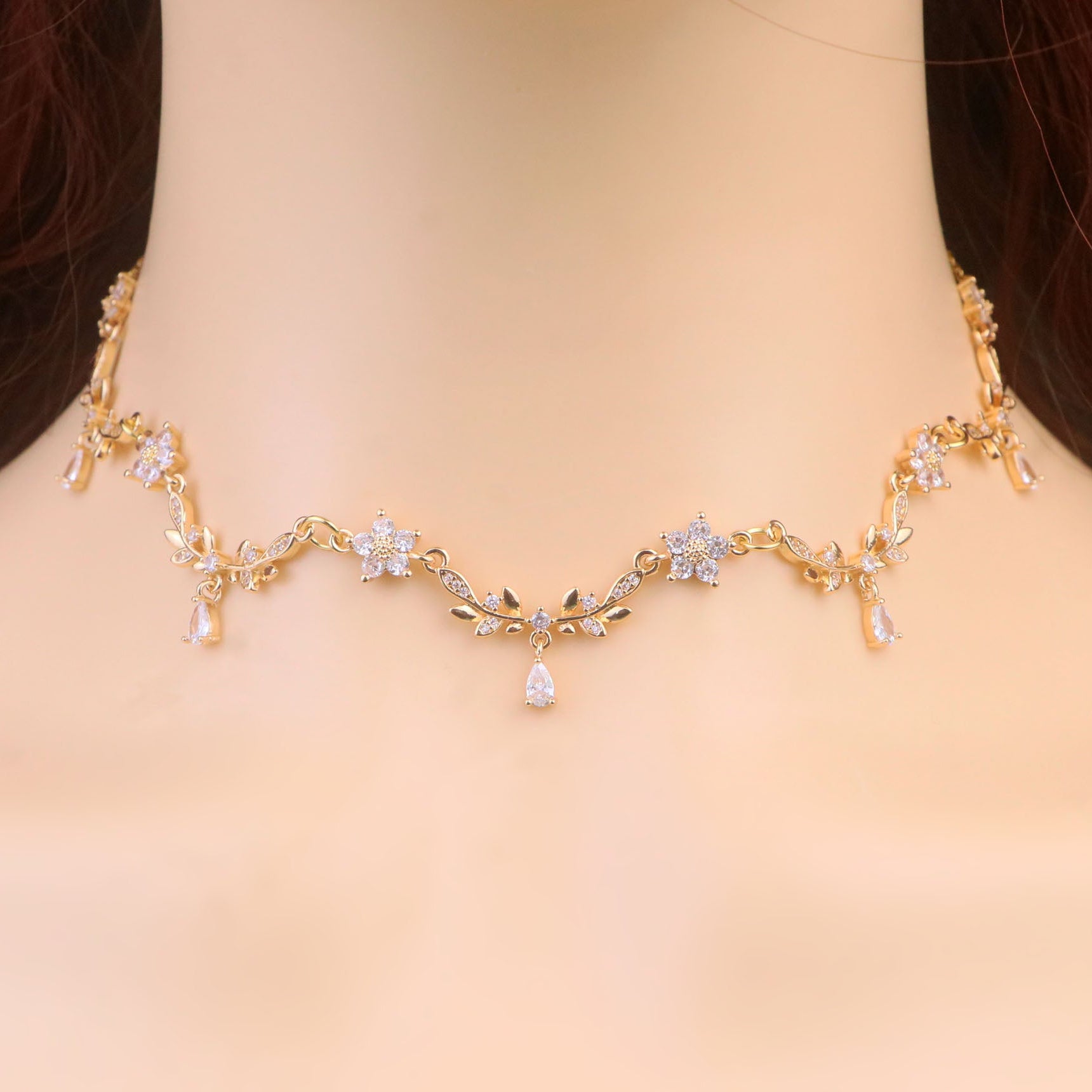 Silver Gold Olive Leaf Vine Necklace,White Diamond Leaf Flower Fairy Choker Necklace,Flower Teardrop Necklace,Regency fairycore Necklace,Leaf bridal Necklace,Stainless Steel Chain,Gifts For Her