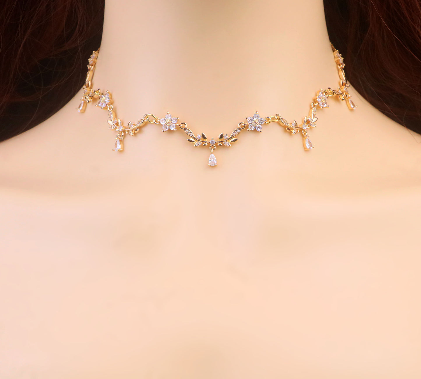 Silver Gold Olive Leaf Vine Necklace,White Diamond Leaf Flower Fairy Choker Necklace,Flower Regency bridal Necklace