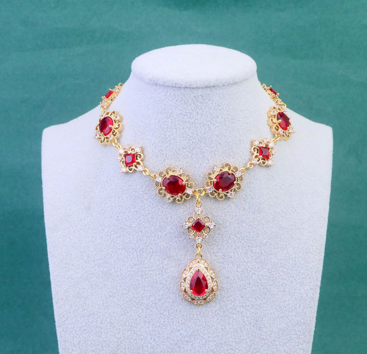 Gold Ruby Red Diamond Cross Choker Necklace,Ruby Teardrop bridal wedding Necklace