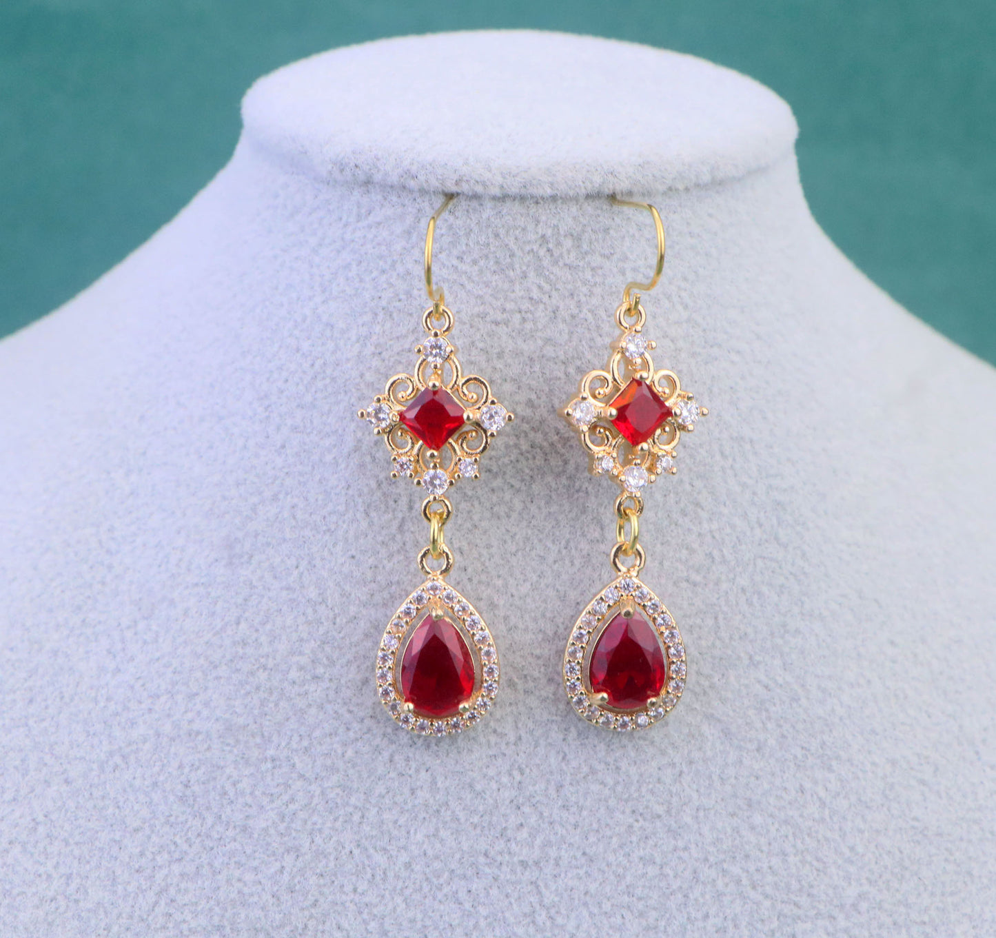 Gold Ruby Red Diamond Cross Choker Necklace,Ruby Teardrop bridal wedding Necklace