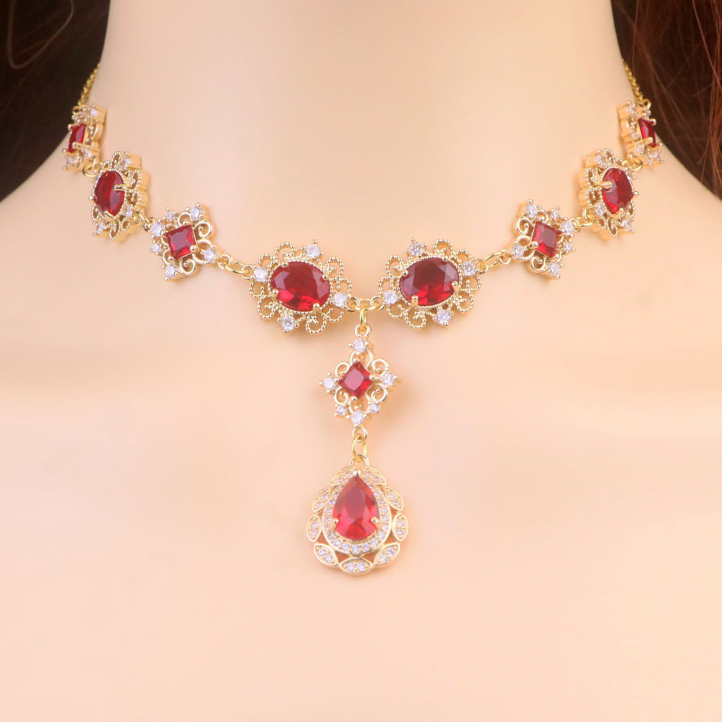 Gold Ruby Red Diamond Choker Necklace,Ruby Teardrop Necklace Earrings,Regency bridal wedding Necklace,Fantasy fairycore princess Jewelry