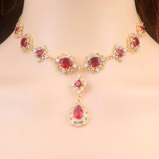 Gold Ruby Red Diamond Choker Necklace,Ruby Teardrop Necklace Earrings,Regency bridal wedding Necklace,Fantasy fairycore princess Jewelry