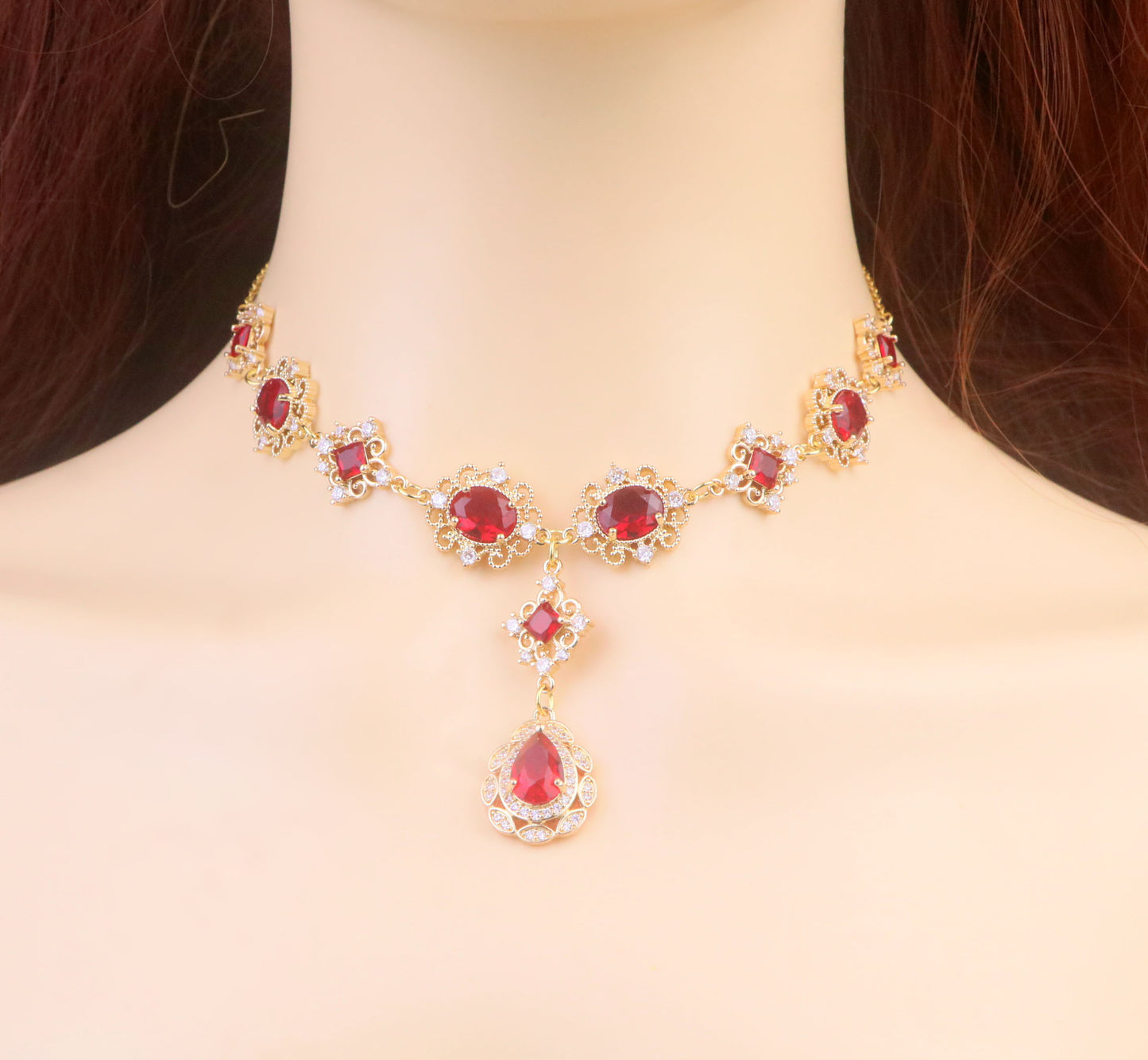 Gold Ruby Red Diamond Cross Choker Necklace,Ruby Teardrop bridal wedding Necklace