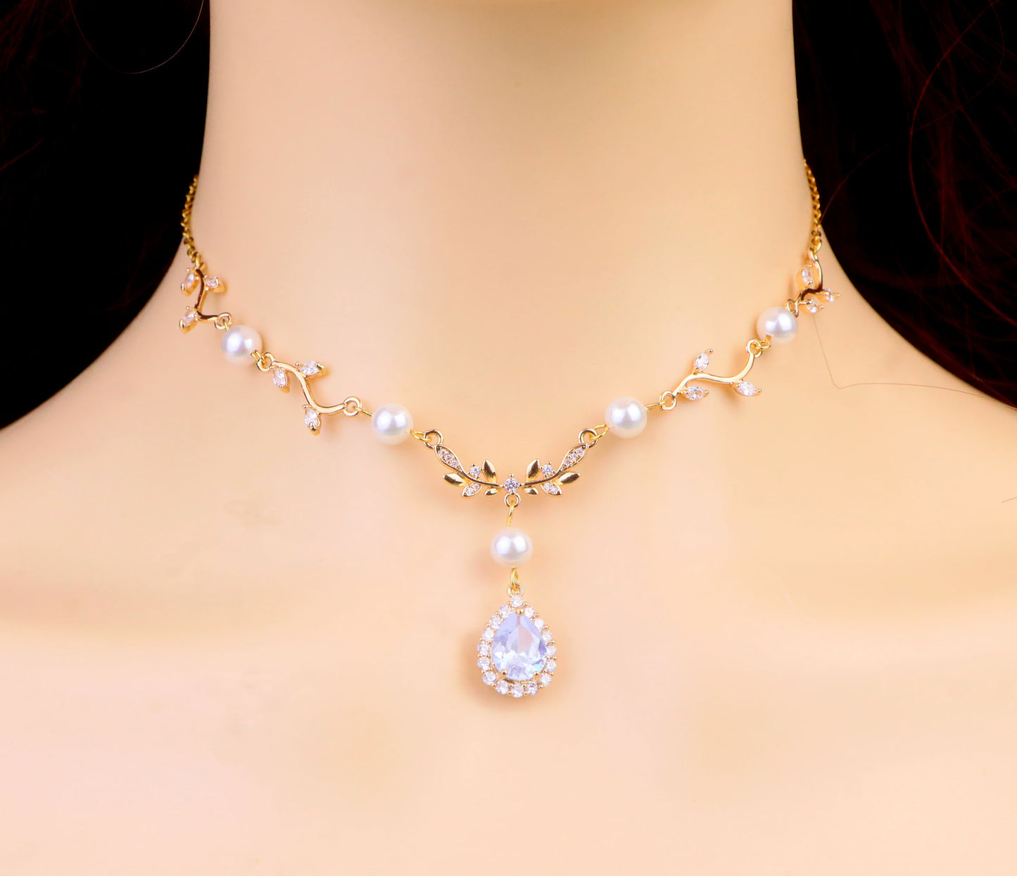 Gold White Leaf Pearl Fairy Choker Necklace,Olive Leaf Vine Necklace,White Diamond Teardrop Necklace Earrings