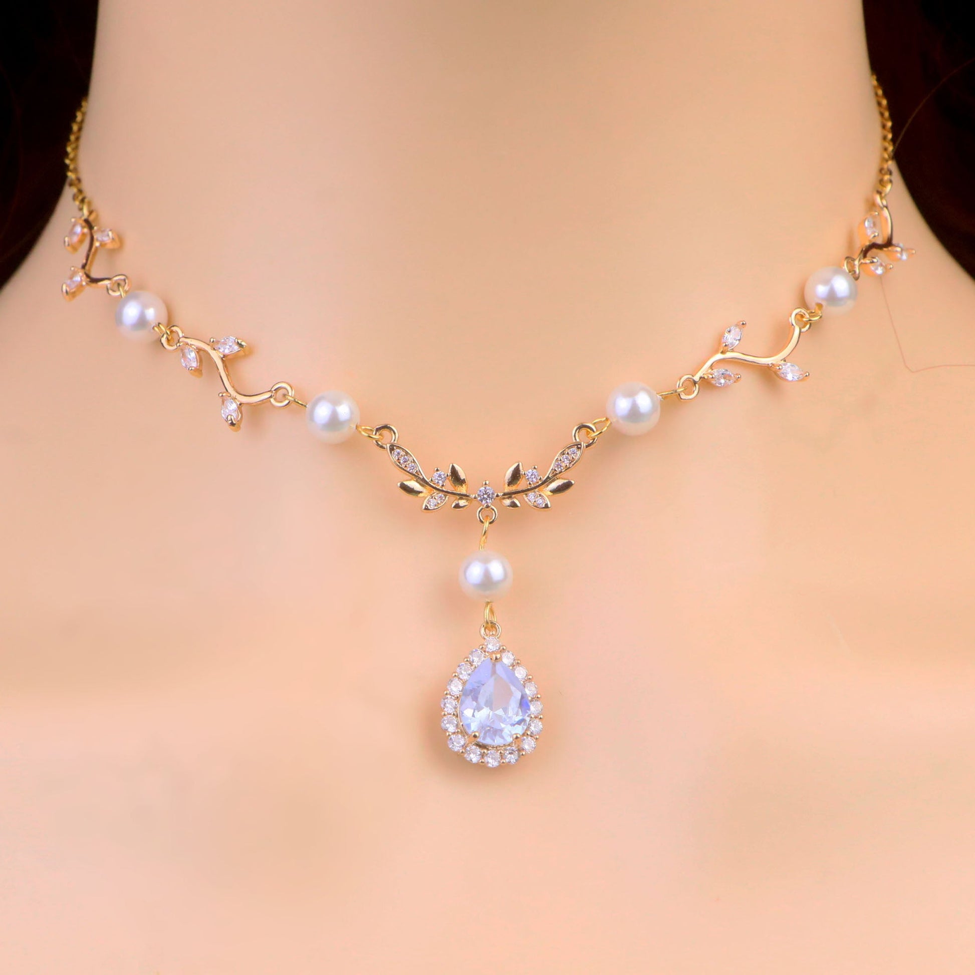 Gold White Leaf Pearl Fairy Choker Necklace,Olive Leaf Vine Necklace,White Diamond Teardrop Necklace Earrings,Leaf bridal Necklace