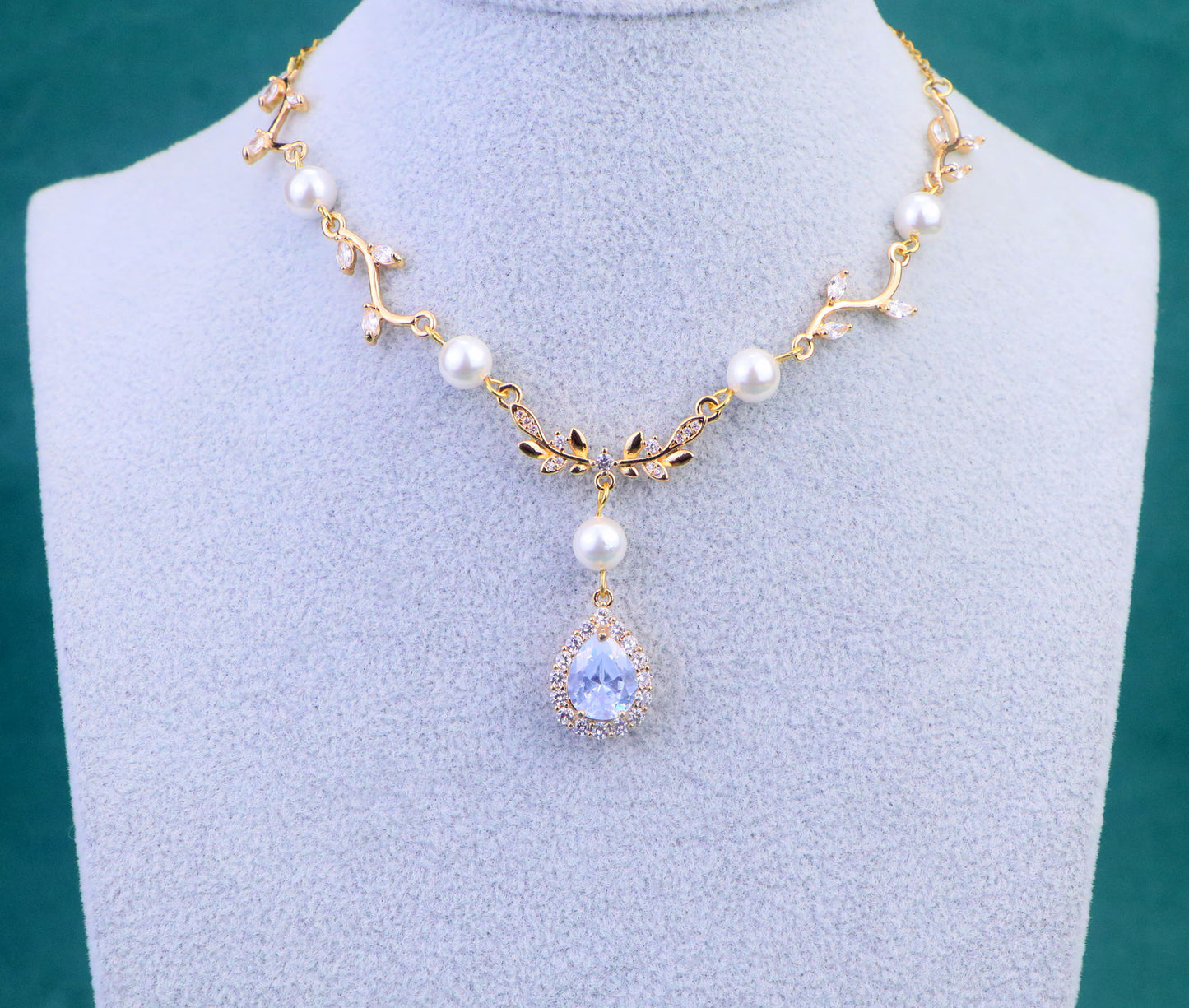 Gold White Leaf Pearl Fairy Choker Necklace,Olive Leaf Vine Necklace,White Diamond Teardrop Necklace Earrings