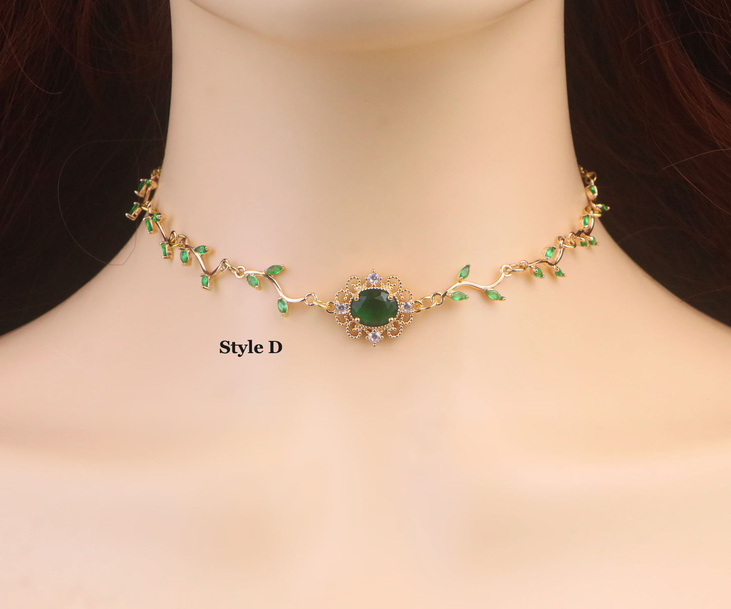 Gold Emerald Green Leaf Vine Choker Necklace,Green Flower Necklace,Green Heart Necklace