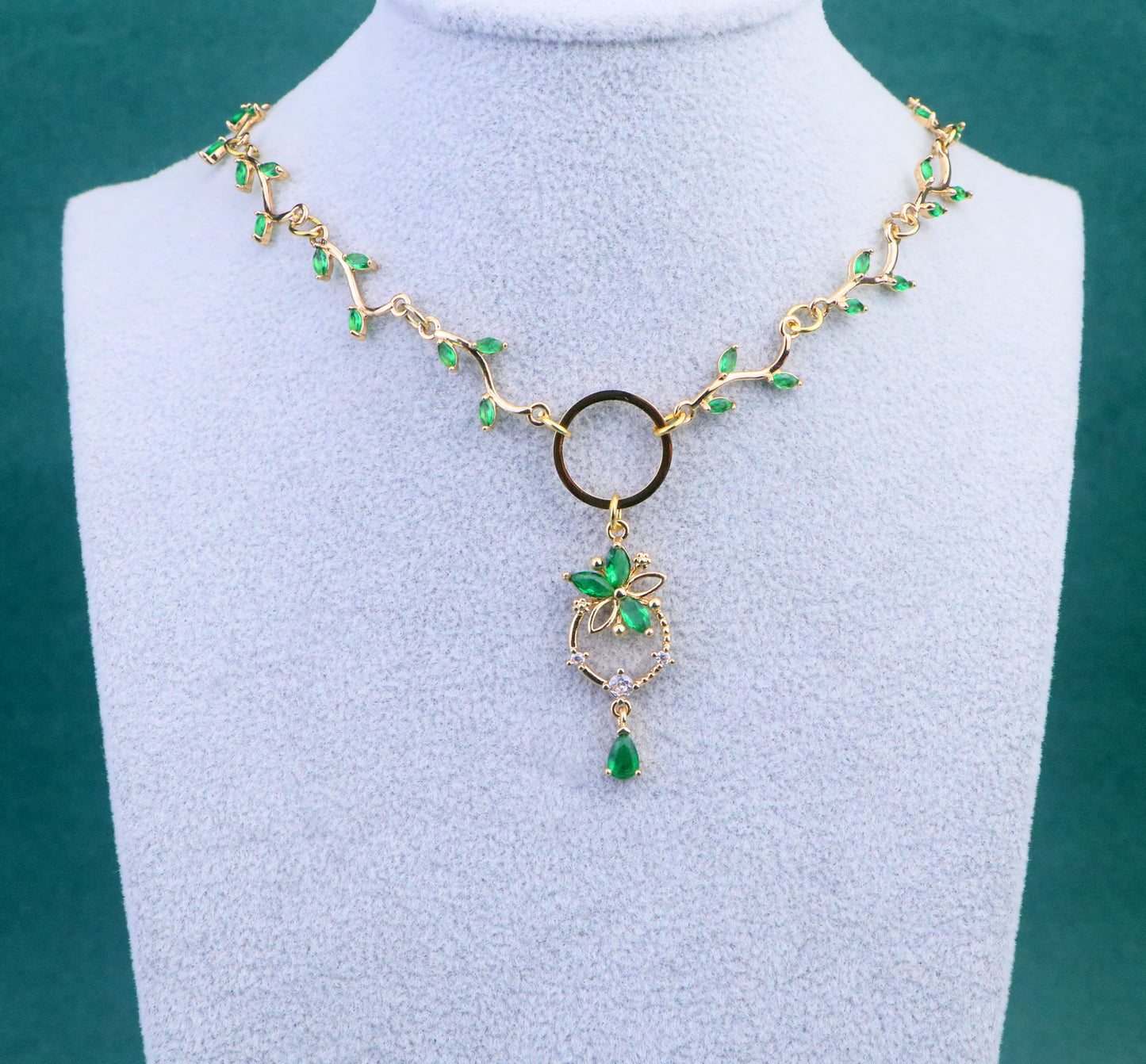 Gold Emerald Green Leaf Vine Choker Necklace,Green Flower Necklace,Green Heart Necklace