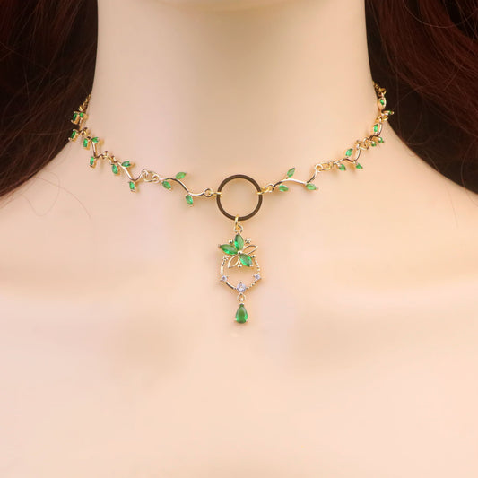 Gold Emerald Green Leaf Vine Choker Necklace,Green Heart Necklace,Green Teardrop Necklace,Leaf bridal Necklace