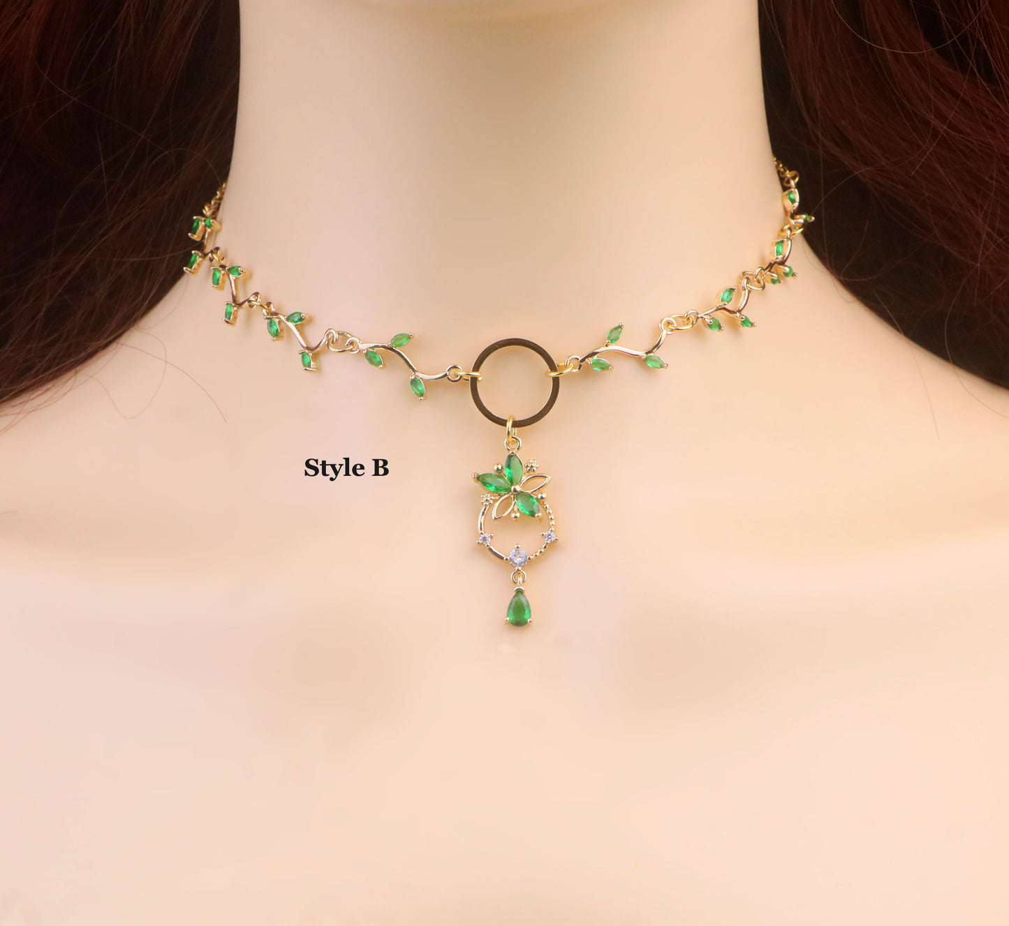 Gold Emerald Green Leaf Vine Choker Necklace,Green Flower Necklace,Green Heart Necklace