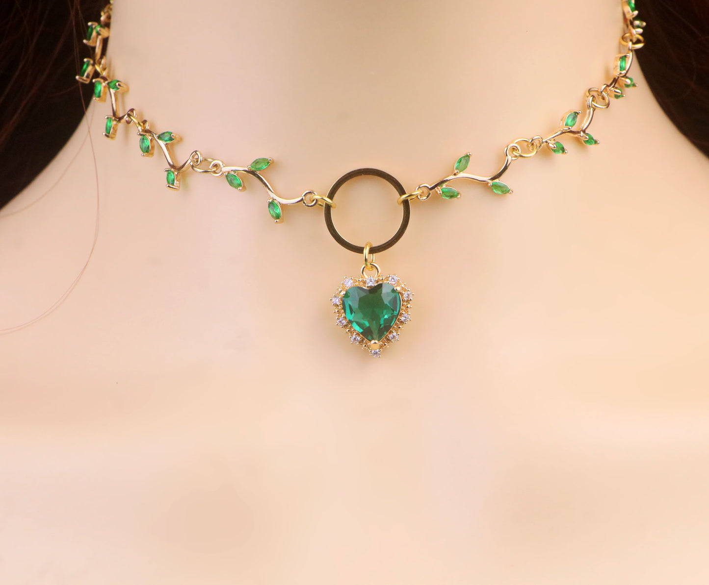 Gold Emerald Green Leaf Vine Choker Necklace,Green Flower Necklace,Green Heart Necklace