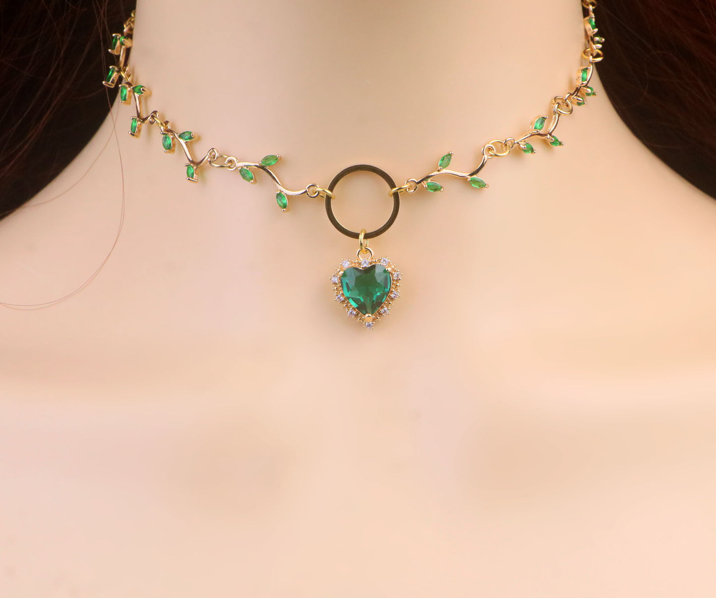 Gold Emerald Green Leaf Vine Choker Necklace,Green Flower Necklace,Green Heart Necklace