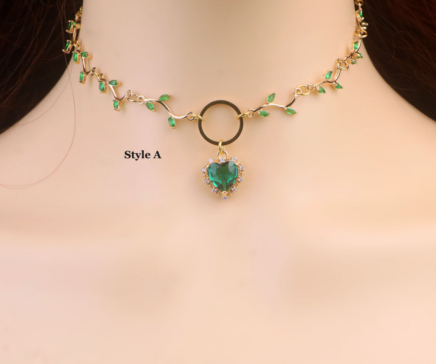 Gold Emerald Green Leaf Vine Choker Necklace,Green Flower Necklace,Green Heart Necklace