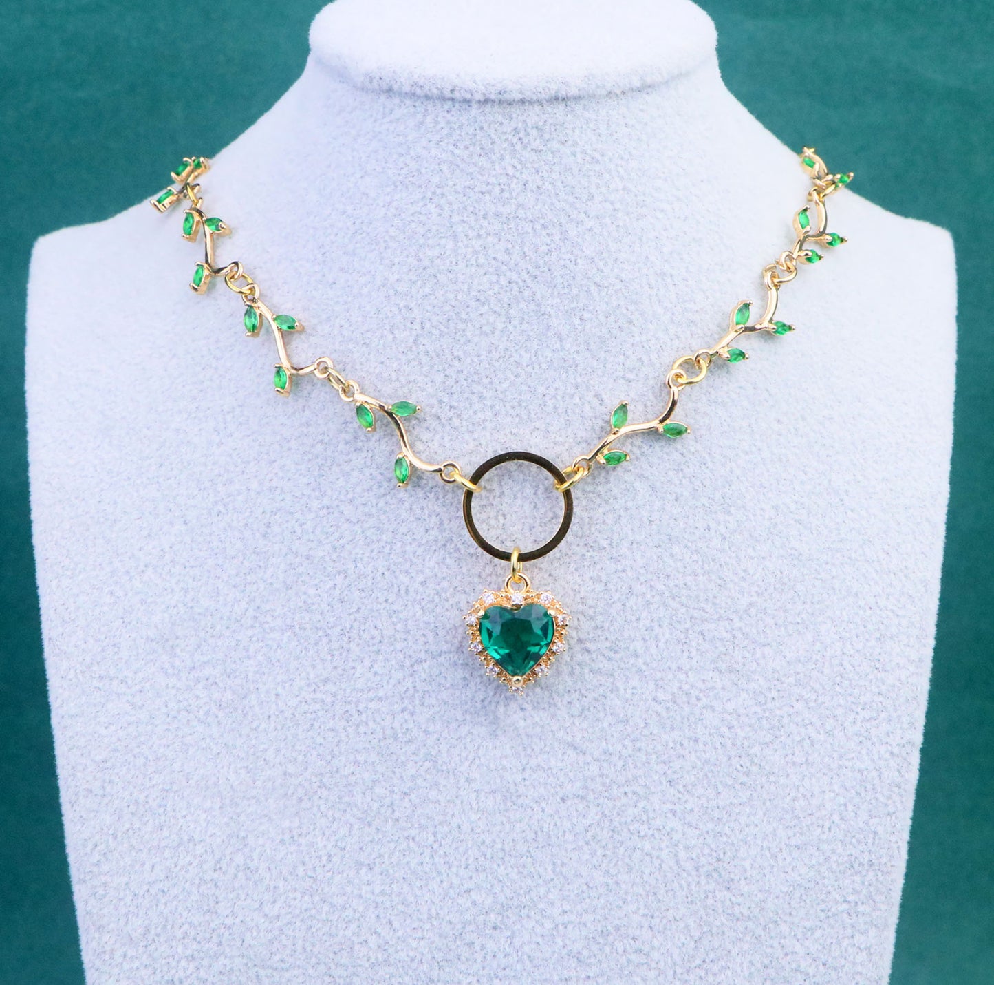 Gold Emerald Green Leaf Vine Choker Necklace,Green Flower Necklace,Green Heart Necklace