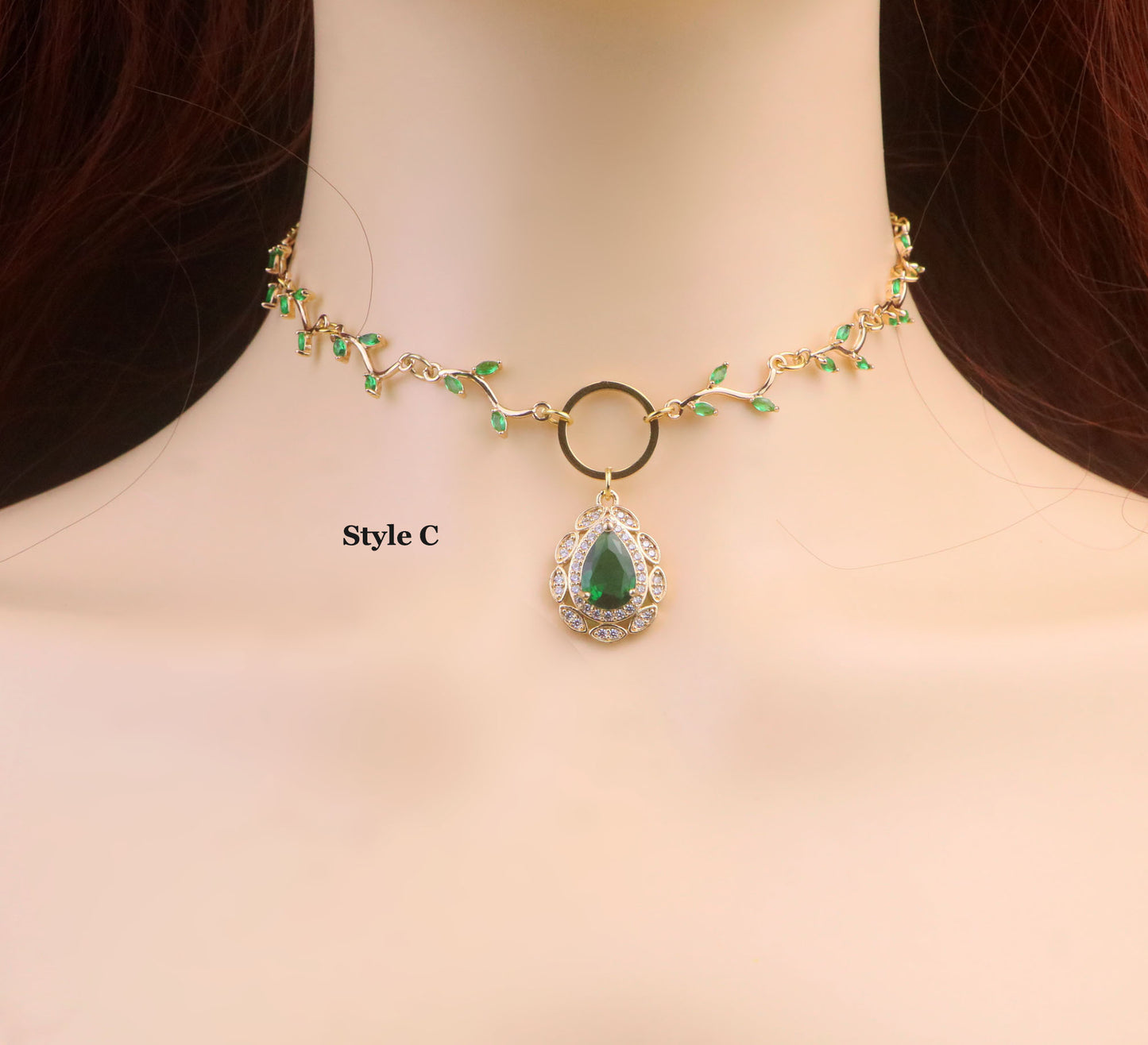Gold Emerald Green Leaf Vine Choker Necklace,Green Flower Necklace,Green Heart Necklace