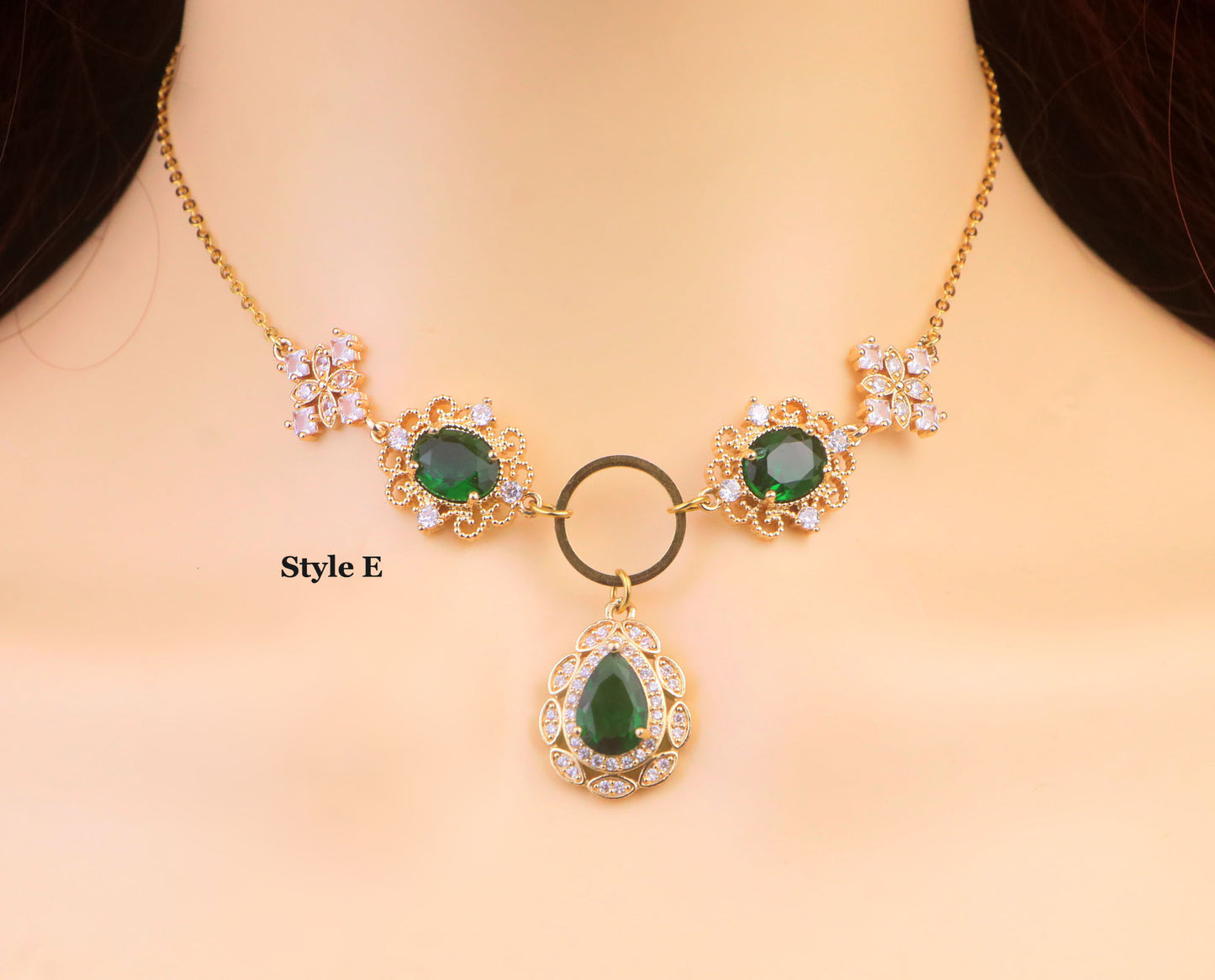 Gold Emerald Green Leaf Vine Choker Necklace,Green Flower Necklace,Green Heart Necklace