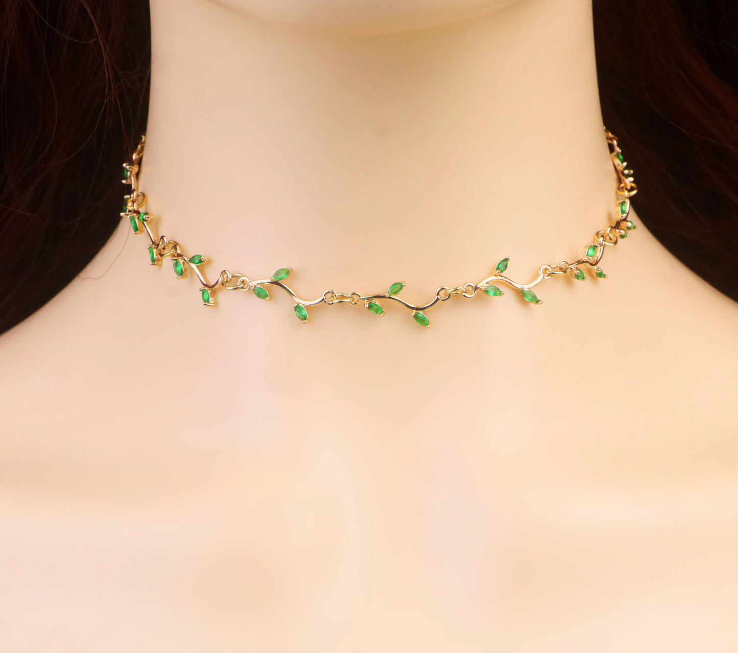Gold Emerald Green Leaf Vine Choker Necklace,Green Flower Necklace,Green Heart Necklace