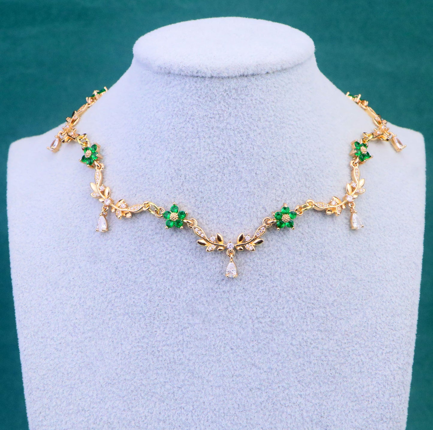 Gold Emerald Green Olive Leaf Vine Necklace,Green Diamond Leaf Flower Fairy Choker Necklace, Regency bridal Necklace