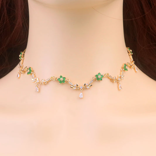 Gold Emerald Green Olive Leaf Vine Necklace,Green Diamond Leaf Flower Fairy Choker Necklace,Flower Vine Necklace,Regency bridal Necklace