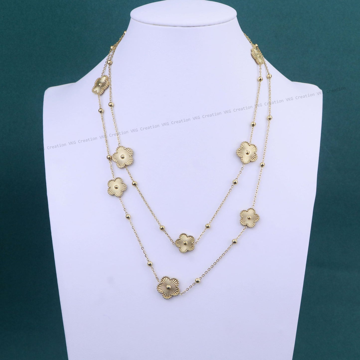 Long Gold 8 Charms 5 leaf Clover Flower Necklace,Waterproof Double side Clover Flower Necklace