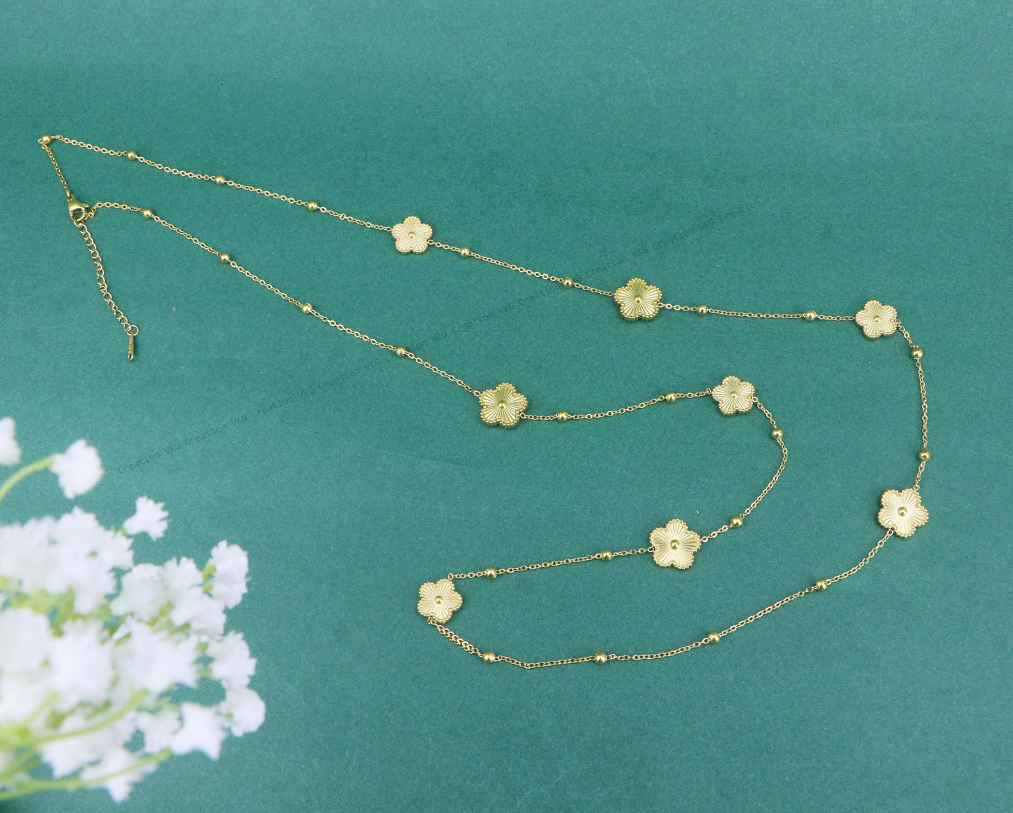 Long Gold 8 Charms 5 leaf Clover Flower Necklace,Waterproof Double side Clover Flower Necklace