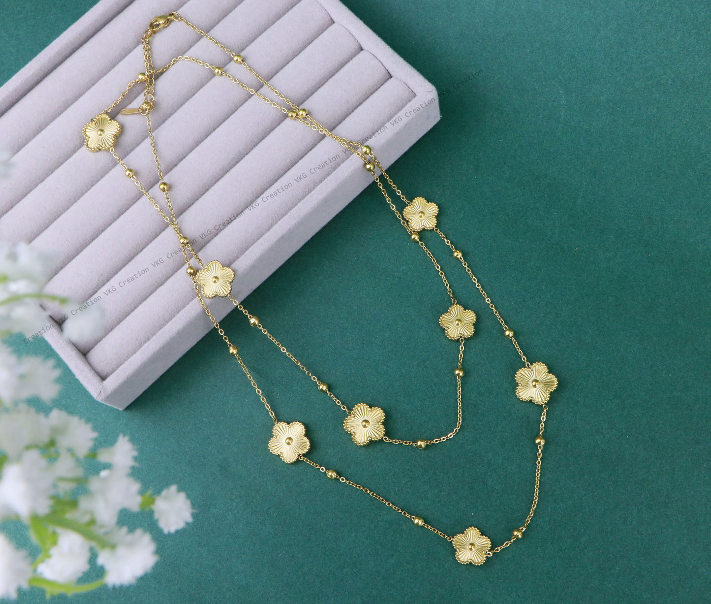 Long Gold 8 Charms 5 leaf Clover Flower Necklace,Waterproof Double side Clover Flower Necklace