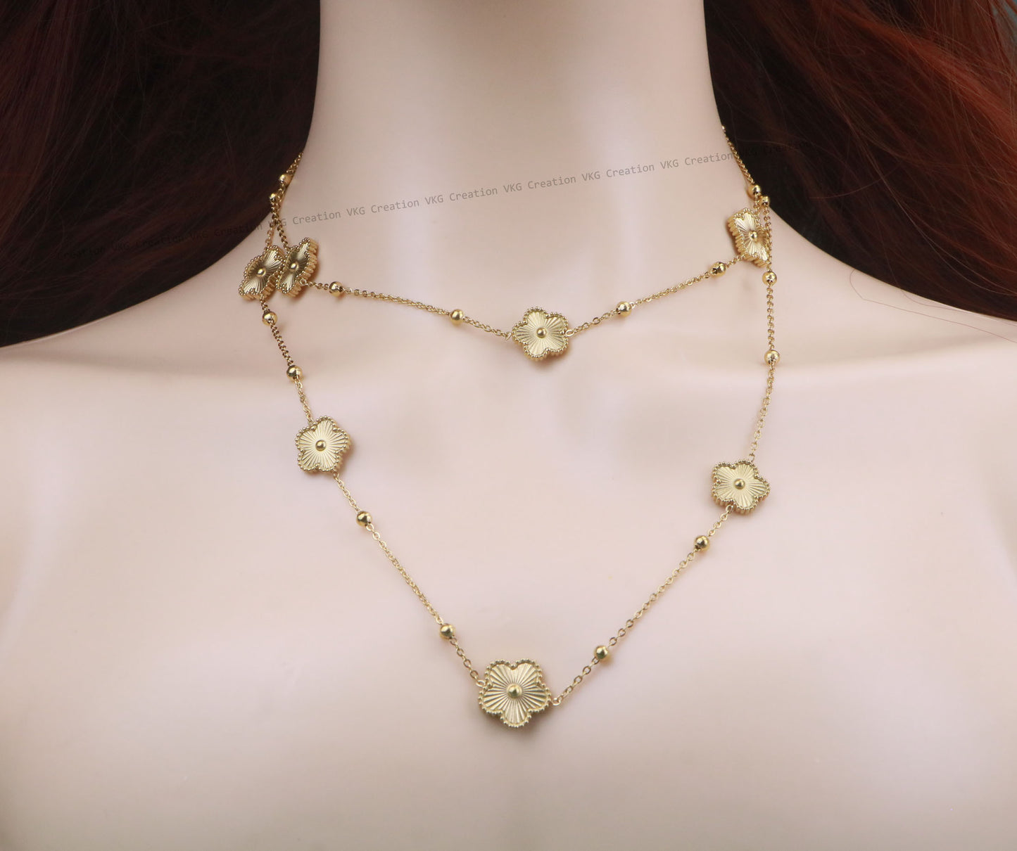 Long Gold 8 Charms 5 leaf Clover Flower Necklace,Waterproof Double side Clover Flower Necklace