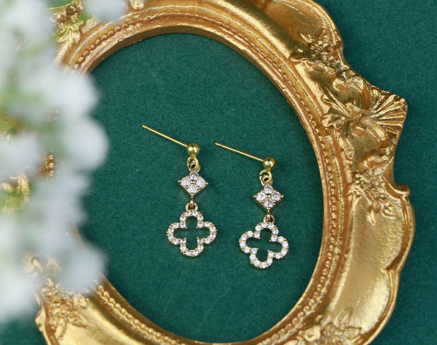 Gold Diamond Clover Pendant Necklace, Olive Leaf Vine Necklace,Clover Charm Fairy Choker Necklace