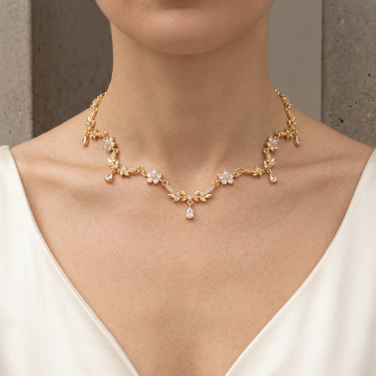 Silver Gold Diamond Olive Leaf Vine Regency bridal Necklace