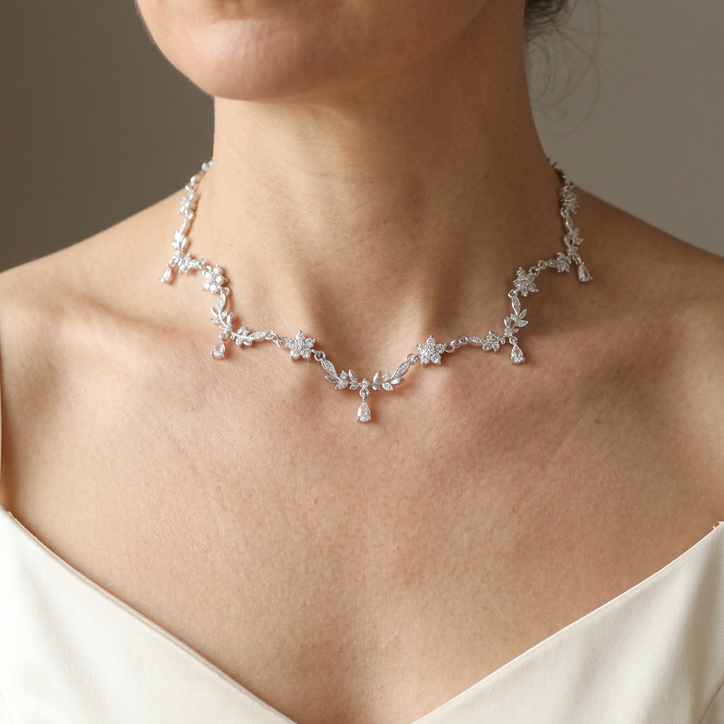 Silver Gold Diamond Olive Leaf Vine Regency bridal Necklace