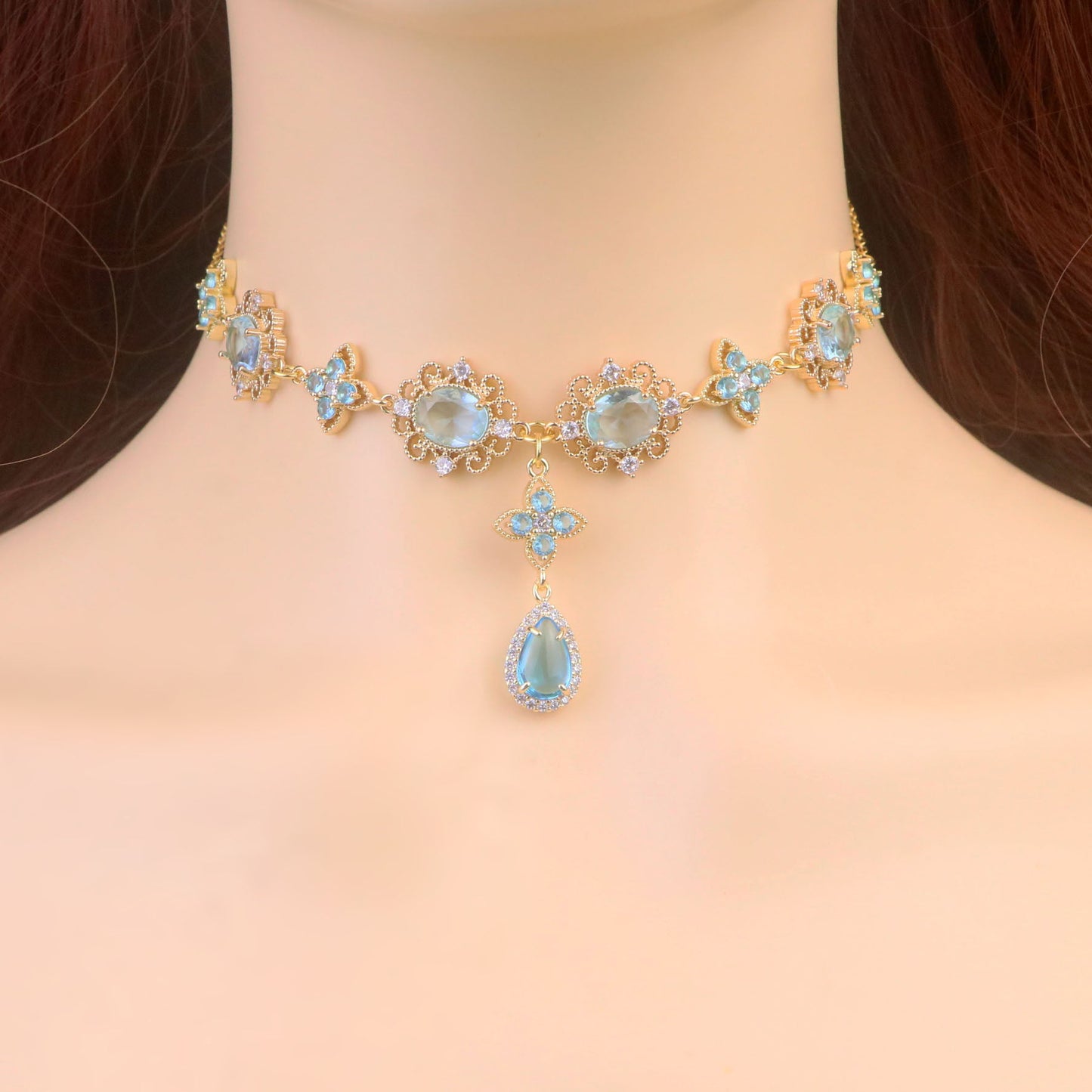 Regency Topaz Blue Diamond Choker Necklace,Topaz Blue Teardrop Necklace Earrings,bridal wedding Necklace,Fantasy fairycore princess Jewelry