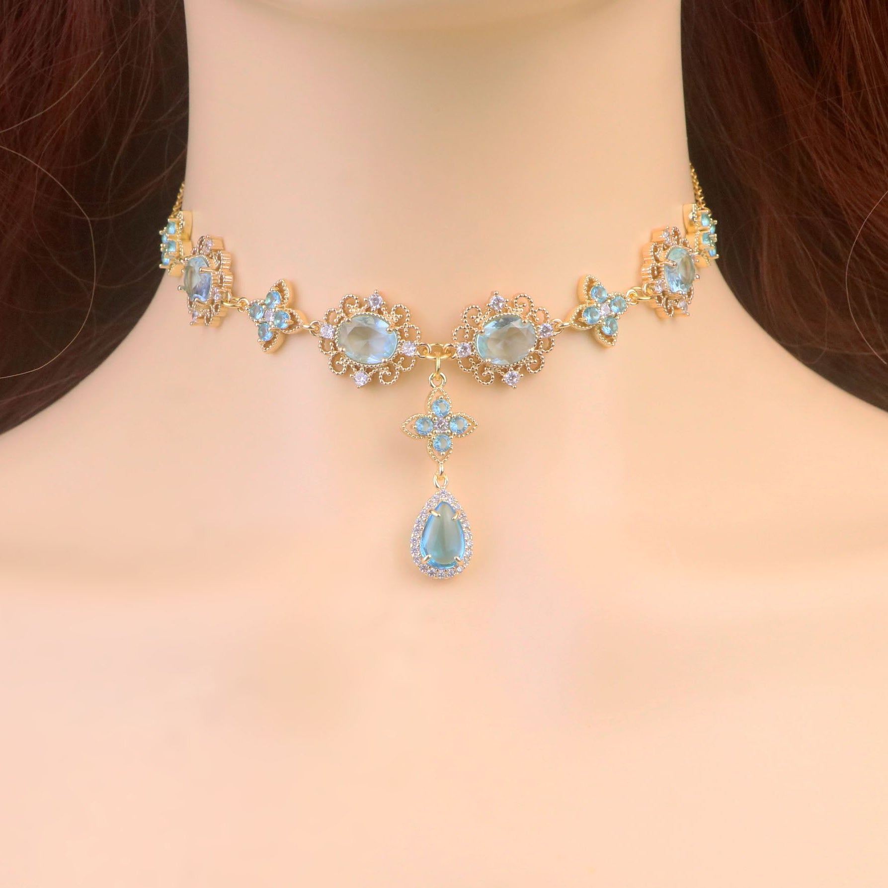 Regency Topaz Blue Diamond Choker Necklace,Topaz Blue Teardrop Necklace Earrings,bridal wedding Necklace,Fantasy fairycore princess Jewelry