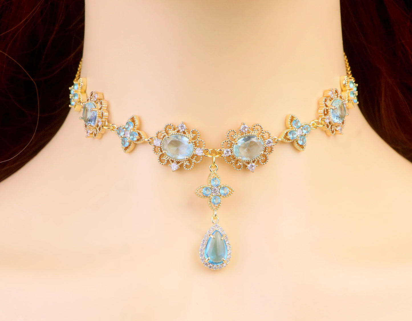 Regency Topaz Blue Diamond Choker Necklace,Topaz Blue Clover Teardrop Necklace Earrings,bridal wedding Necklace