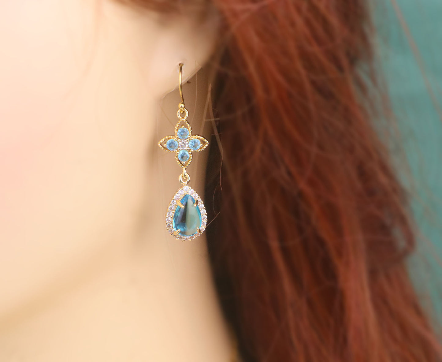 Regency Topaz Blue Diamond Choker Necklace,Topaz Blue Clover Teardrop Necklace Earrings,bridal wedding Necklace