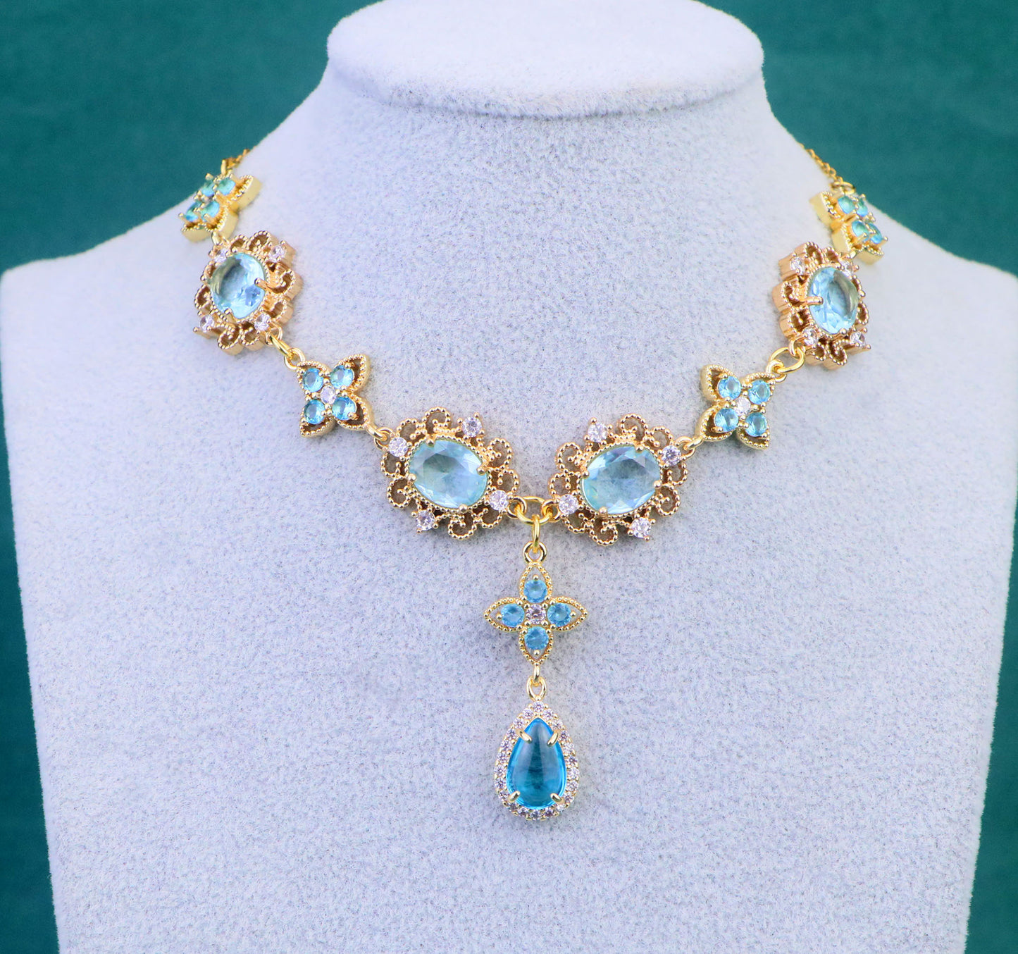 Regency Topaz Blue Diamond Choker Necklace,Topaz Blue Clover Teardrop Necklace Earrings,bridal wedding Necklace