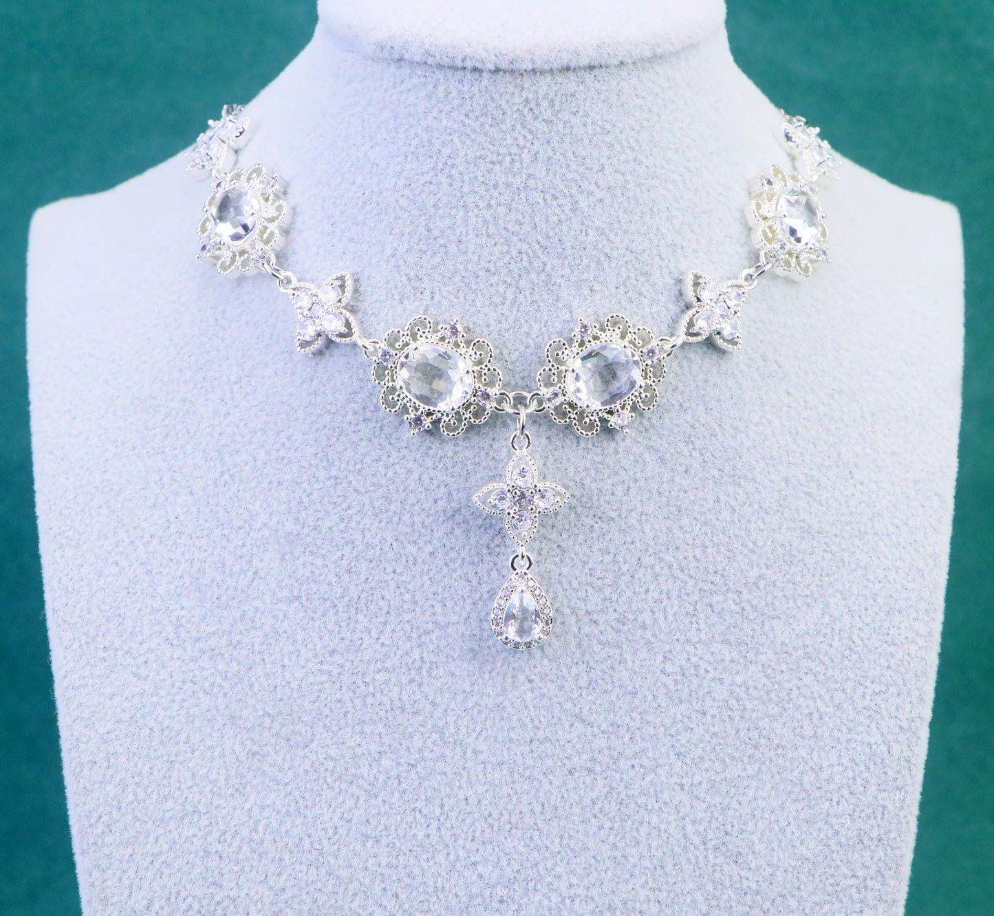 Regency Silver Diamond Choker Necklace,CZ Diamond Clover Teardrop Necklace Earrings,bridal wedding Necklace