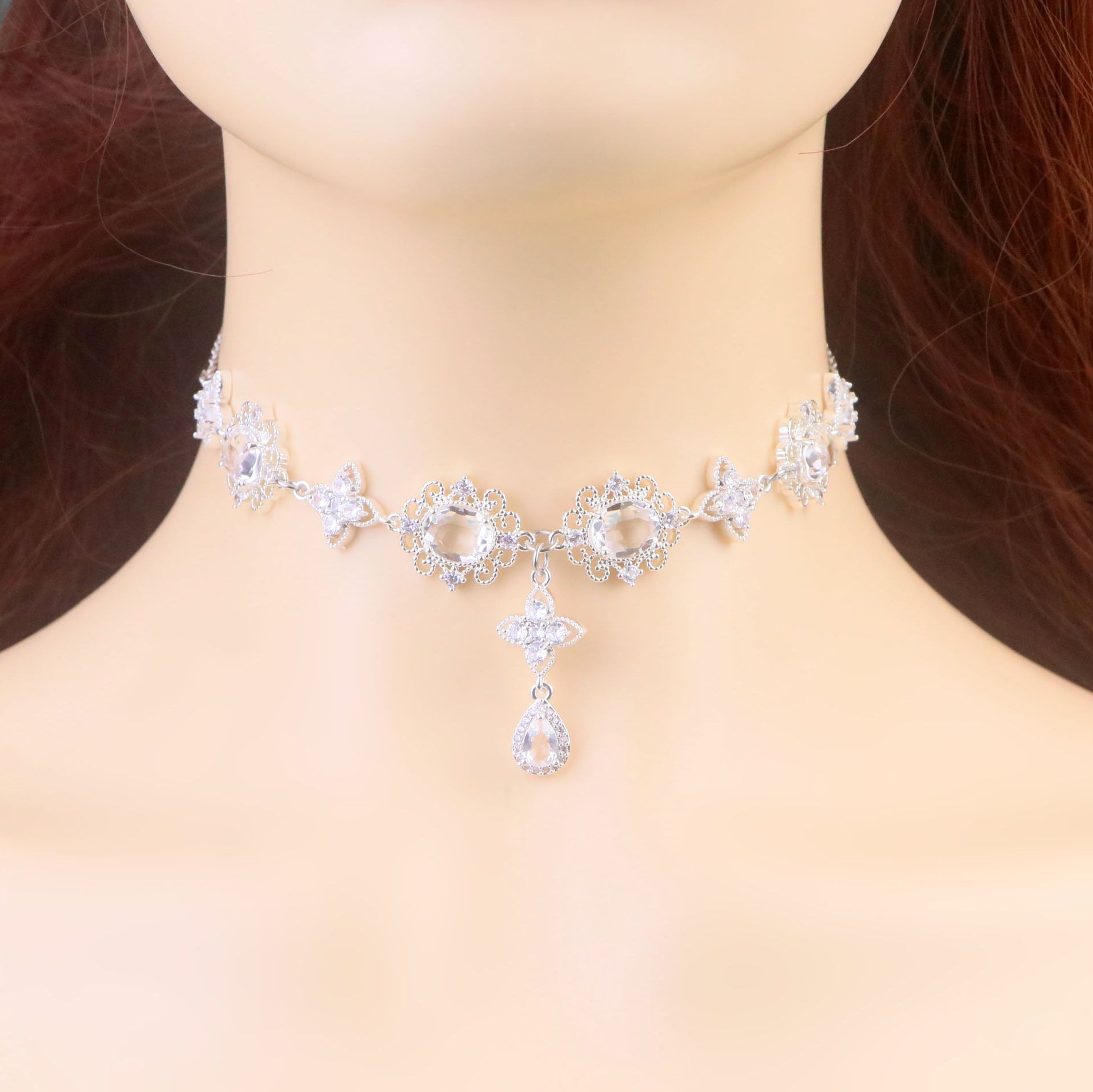 Regency Silver Diamond Choker Necklace,CZ Diamond Clover Teardrop Necklace Earrings,bridal wedding Necklace