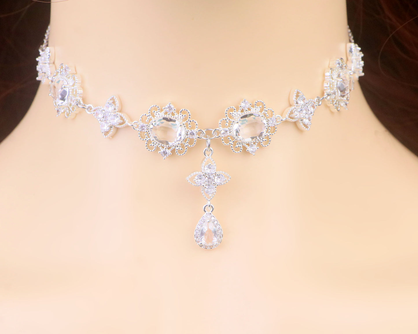 Regency Silver Diamond Choker Necklace,CZ Diamond Clover Teardrop Necklace Earrings,bridal wedding Necklace