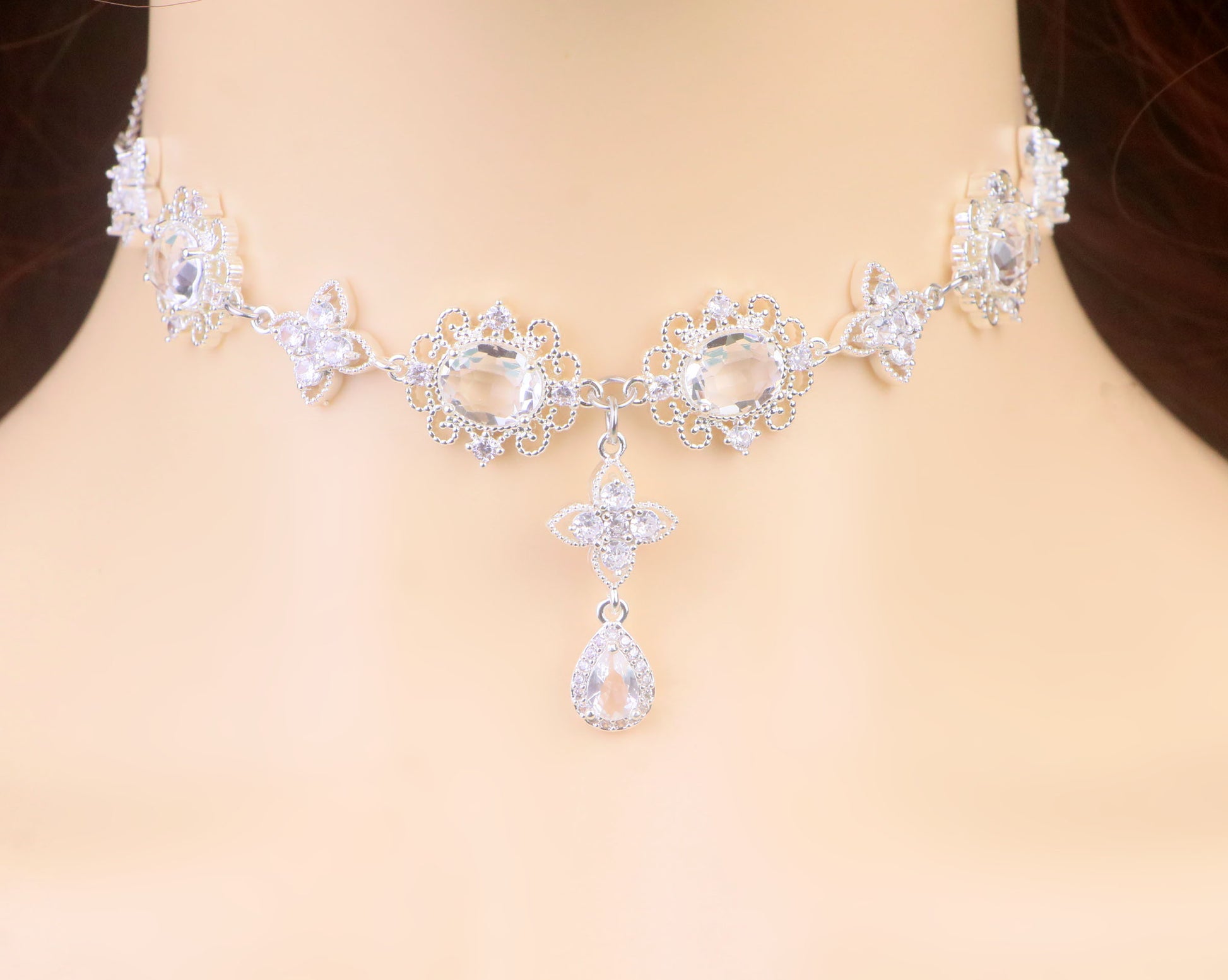 Regency Silver Diamond Choker Necklace,CZ Diamond Clover Teardrop Necklace Earrings,bridal wedding Necklace