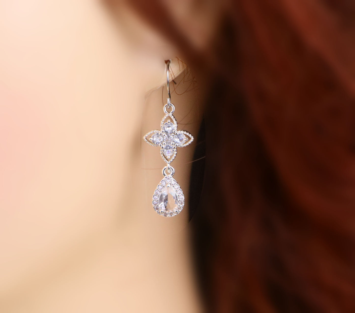 Regency Silver Diamond Choker Necklace,CZ Diamond Clover Teardrop Necklace Earrings,bridal wedding Necklace