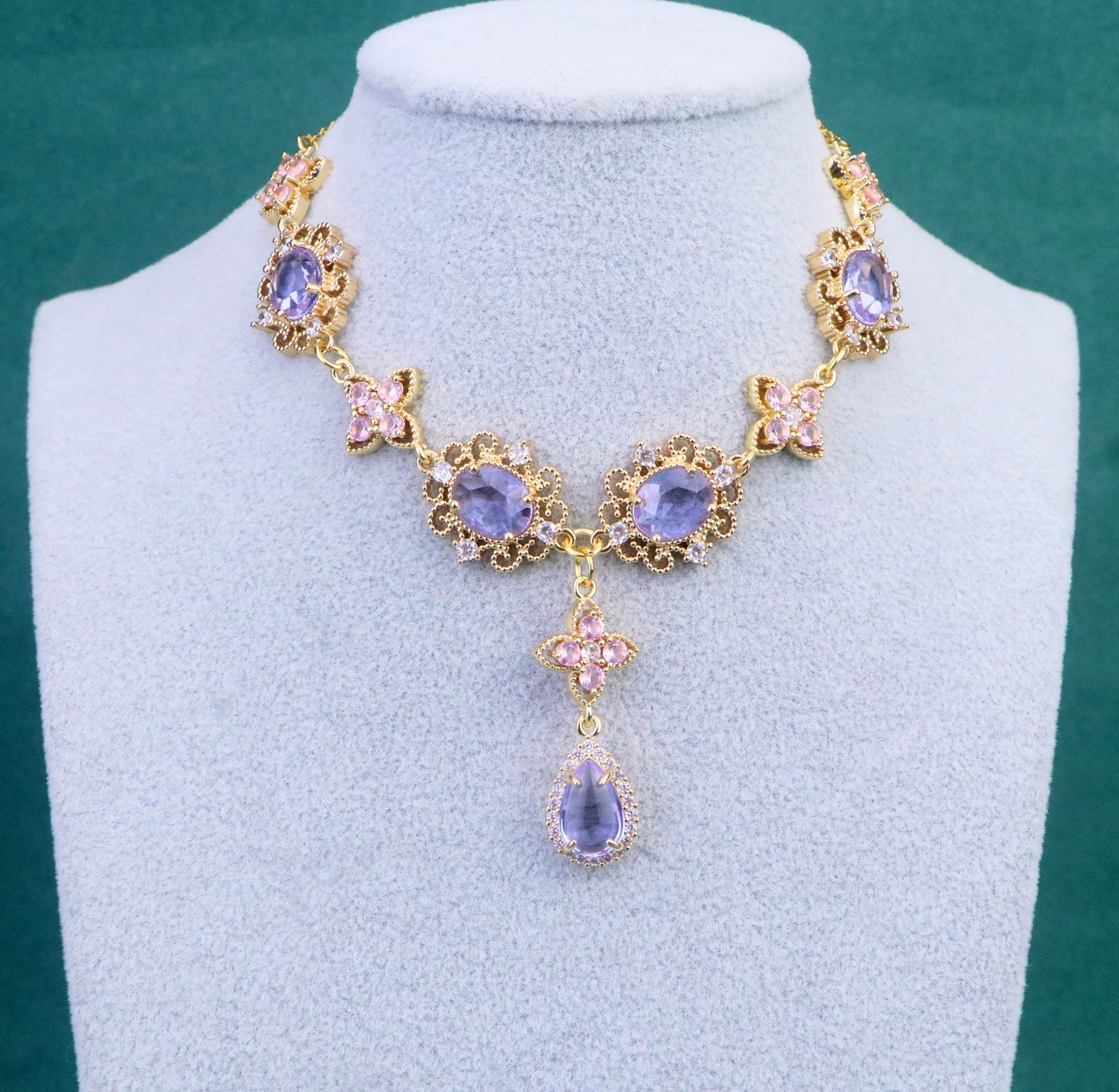 Regency Pink Purple Diamond Choker Necklace,Purple Clover Teardrop Necklace Earrings,bridal wedding Necklace