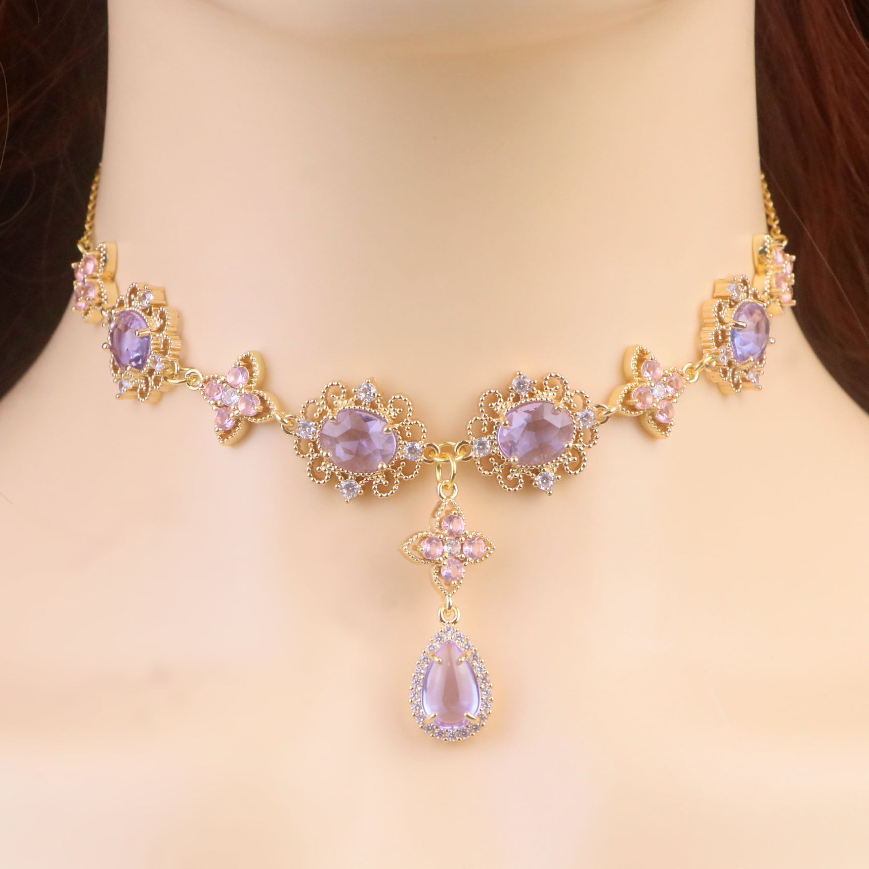 Regency Pink Purple Diamond Choker Necklace,Purple Clover Teardrop Necklace Earrings,bridal wedding Necklace