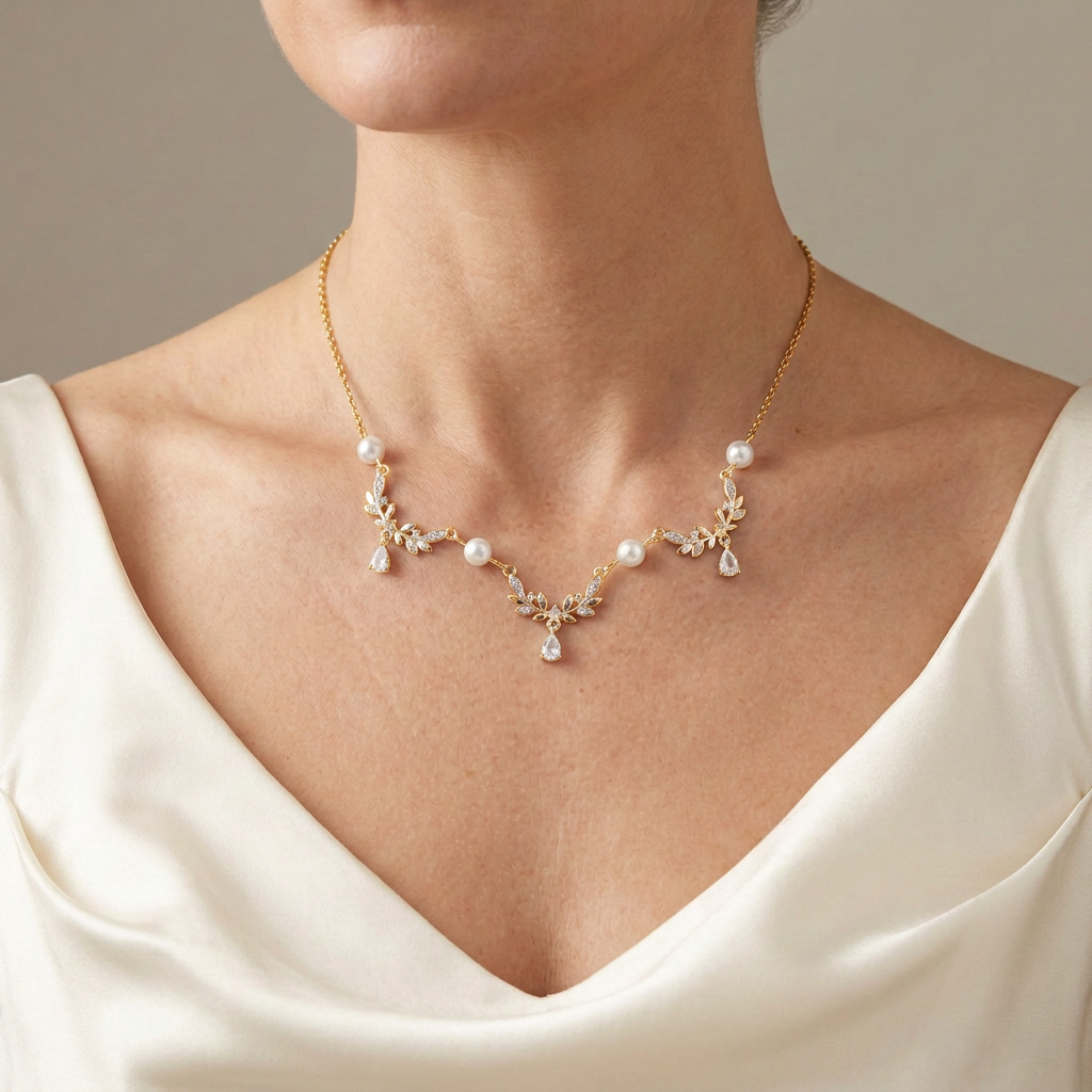 Silver Gold Olive Leaf Vine Pearl Fairy Necklace