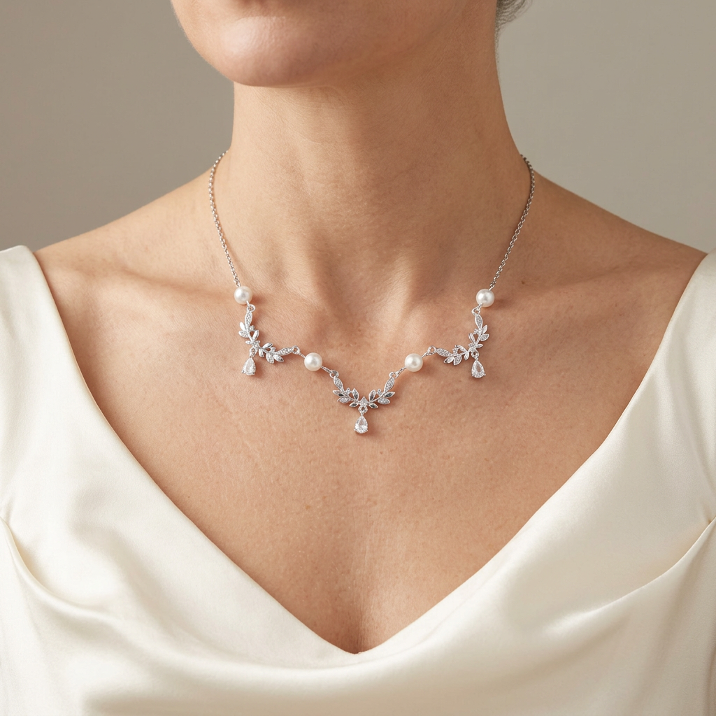 Silver Gold Olive Leaf Vine Pearl Fairy Necklace