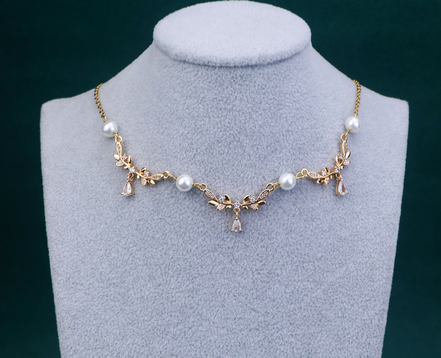 Silver Gold Leaf Pearl Fairy Choker Necklace,Olive Leaf Vine Necklace