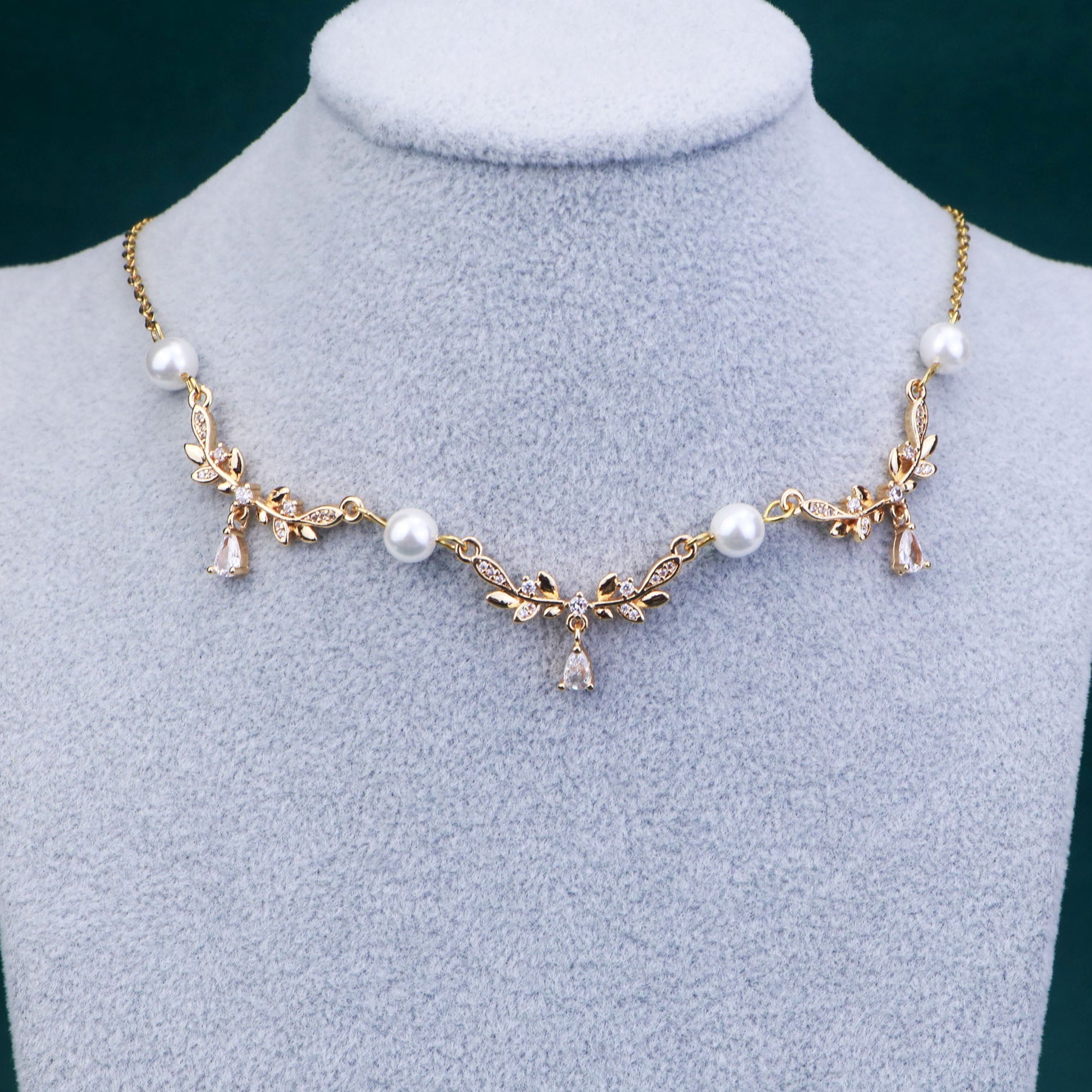 SilverGoldLeafPearlFairyChokerNecklace_OliveLeafVineNecklace_FlowerTeardropNecklace_LeafbridalNecklace_GiftsForHer