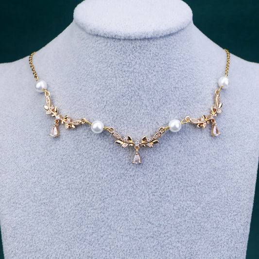 SilverGoldLeafPearlFairyChokerNecklace_OliveLeafVineNecklace_FlowerTeardropNecklace_LeafbridalNecklace_GiftsForHer