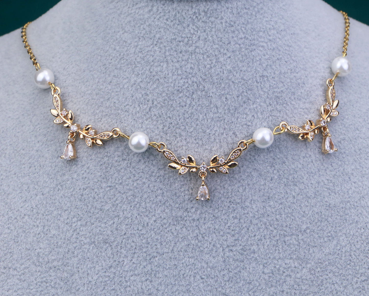 Silver Gold Leaf Pearl Fairy Choker Necklace,Olive Leaf Vine Necklace