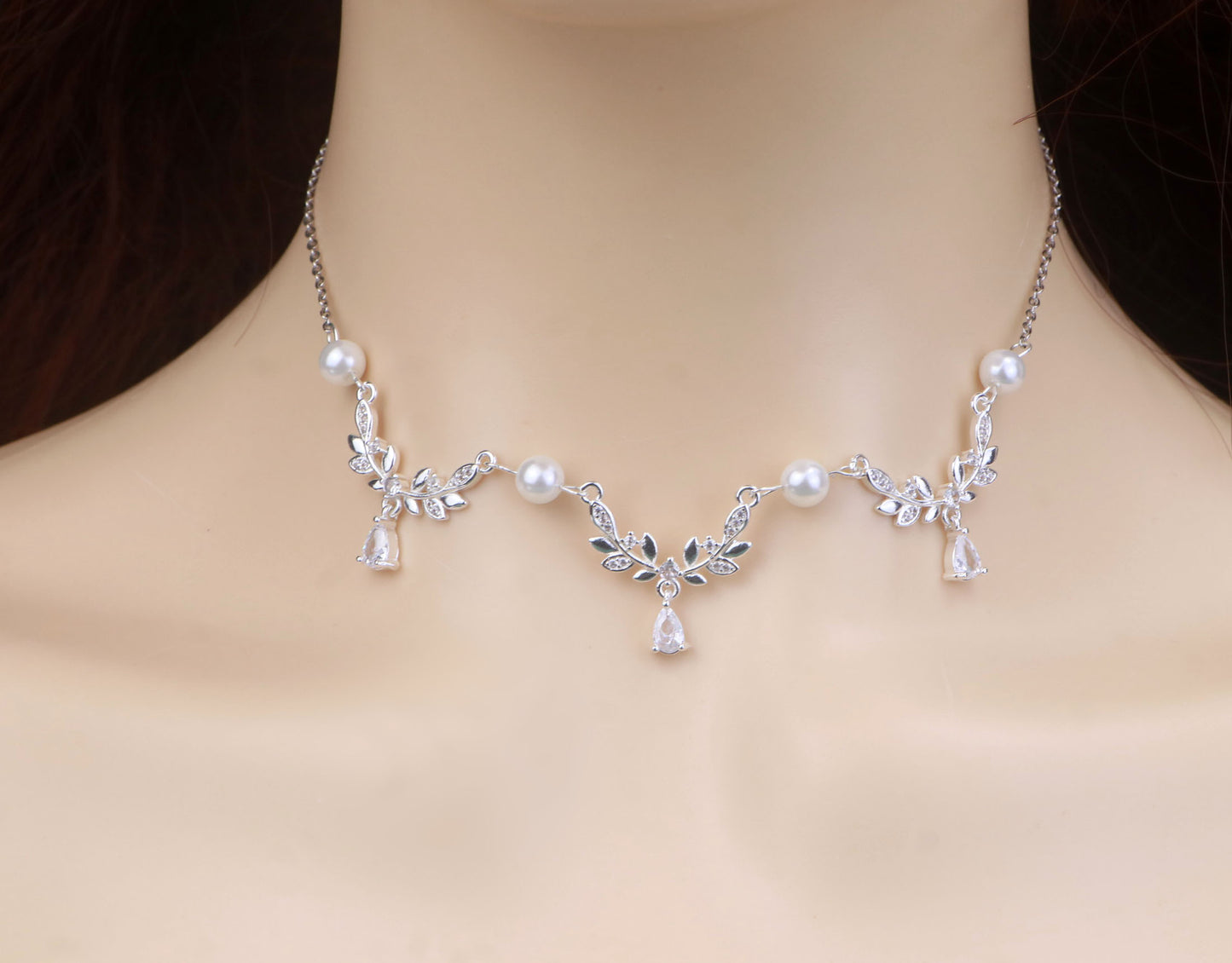 Silver Gold Leaf Pearl Fairy Choker Necklace,Olive Leaf Vine Necklace